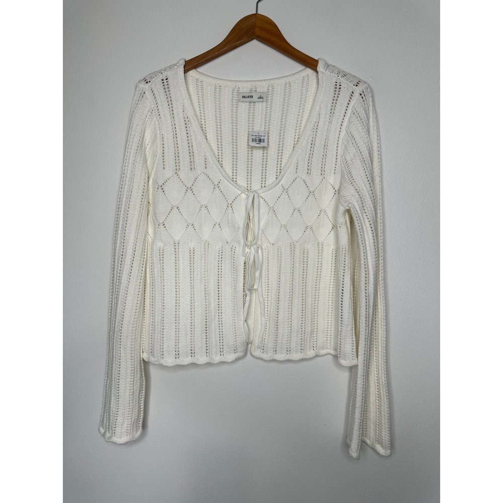 New Hollister White Pointelle Knit Tie Front Cardigan Sweater Large